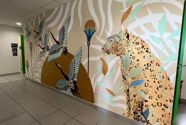 fresque - vétérinaire - jaguar - végétal - oiseaux - muralisme - art mural -